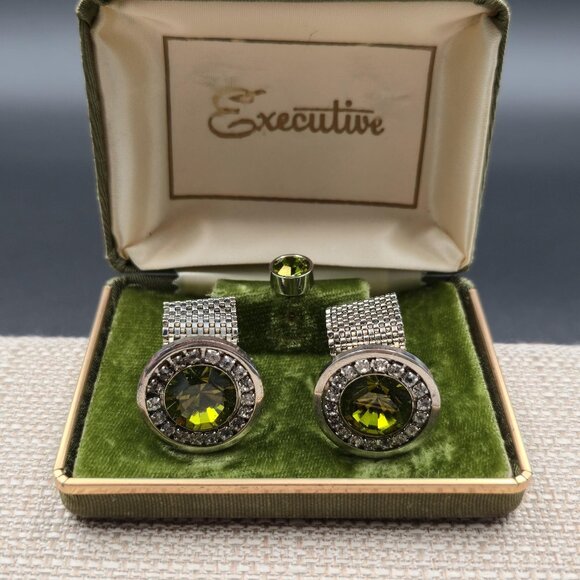 EXECUTIVE Crystal Cuff Links And Tie Tack Set Vintage B840 - Picture 1 of 7